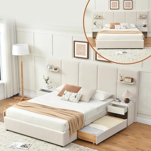 Queen Size Bed Frame with Storage & Built-in Nightstands & Drawers, Beige