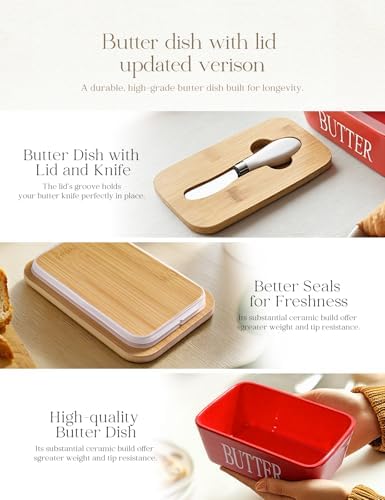 AISBUGUR Large Butter Dish with Lid Ceramics Butter Keeper Container with Knife and High- quality Silicone Sealing Butter Dishes with Covers Good Kitchen Gift Red 6.3 x 3.5 x 2.7 inches