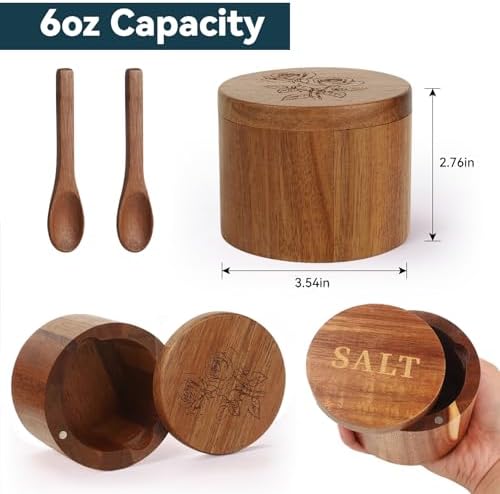 Timtopno Salt Cellar, 2PCS Salt Container Acacia Wood Salt and Pepper Box for Countertop with Built-in Spoon & Swivel Lid, Wood Salt Holder Bowl for Kitchen, Seasoning Storage (Rose & SALT Engraving)