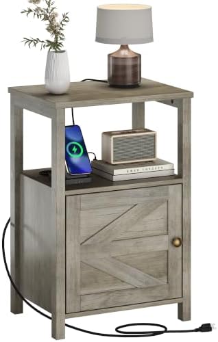 Farmhouse End Table Charging Station Barn Door & Storage Shelf Grey