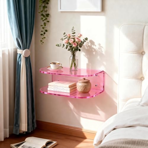 Acrylic Floating Nightstand, Wall Mounted Bedside Table (Pink, 15.7”×9.4“×5.9”)
