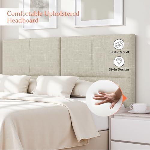 Upholstered Headboard King Size, Solid Wood Head Board with Sturdy Metal Legs, Linen Bed Headboard with Height Adjustable, Oatmeal