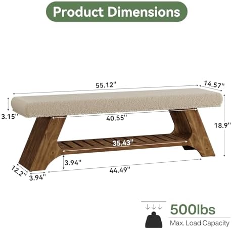 Tribesigns 55" Solid Wood Bench with Cushion, Upholstered Entryway Bench