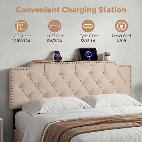 KOMFOTT Riveted Upholstered Headboard with Charging Station for Full & Queen Size Bed Frame, Tufted Button Bed Headboard with Solid Rubber Wood Legs, Headboard with Adjustable Width, Beige
