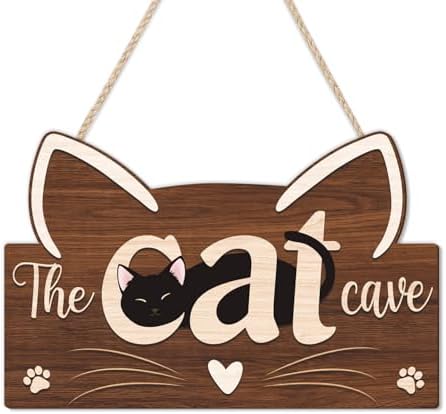 HLNIUC Funny Black Cat Door Sign(11”x7”),Cute Pat Welcome Wall Decor,The Cat Cave Hanging Decoration for Front Door,Housewarming Gift Wall Sign for Pat Lovers,Cats Welcome People Tolerated Plaque