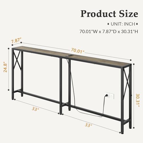 Gewudraw 70" Sofa Table Behind Couch with Socket-Narrow Console Table