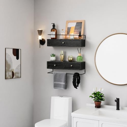 Floating Shelves With Drawers Set of 2, Wall Mounted Storage for Bathroom