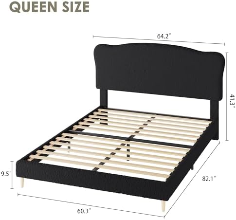 Garvee Bouclé Queen Size Bed Frame with Upholstered Headboard, Black