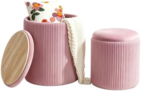YYW HOME Velvet Round Ottoman with Storage Set of 2, Pink Vanity Stool