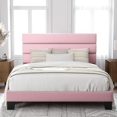 Allewie Full Size Platform Bed Frame with Velvet Upholstered Headboard Pink