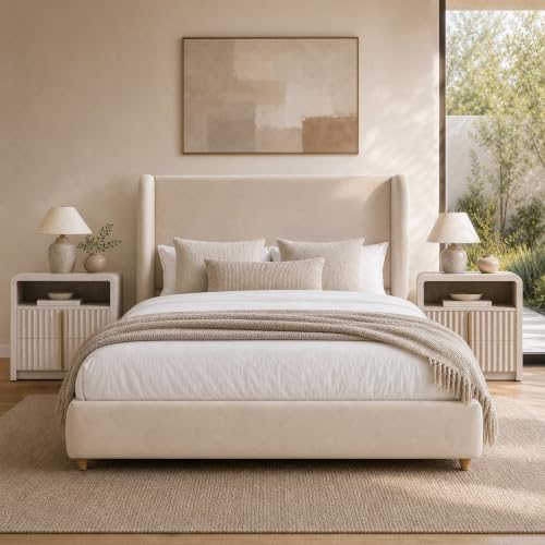 ModernMate Queen Upholstered Platform Bed Frame, Wingback Headboard, Beige