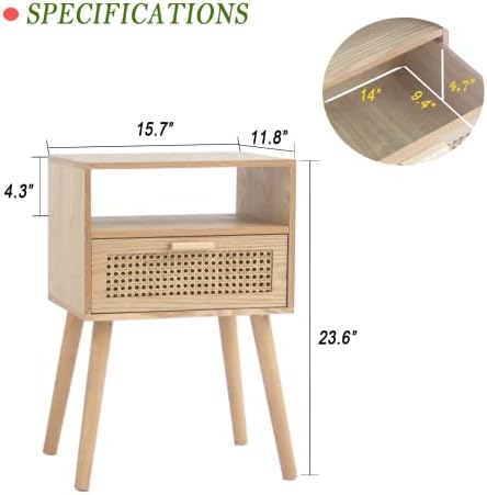 MaxSmeo Modern Nightstand Rattan Side End Table with Storage, for Living Room, Bedroom and Small Spaces, Accent Bedside Farmhouse Tables with Solid Wood Legs, Easy Assembly (Natural Walnut)