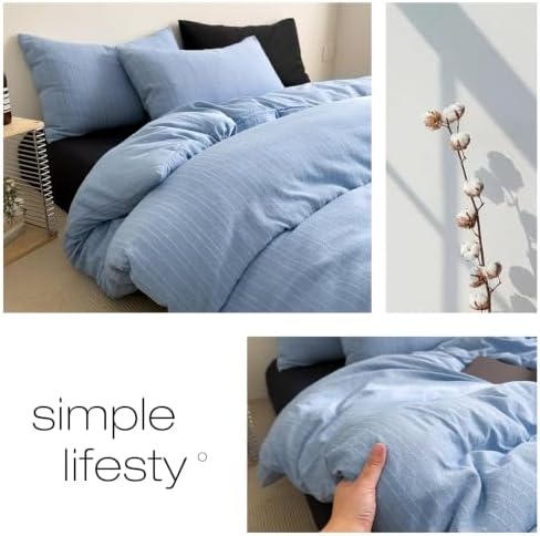 3Pcs Retro Blue Stripes Textured Duvet Cover Set Full Size, Zipper & Ties