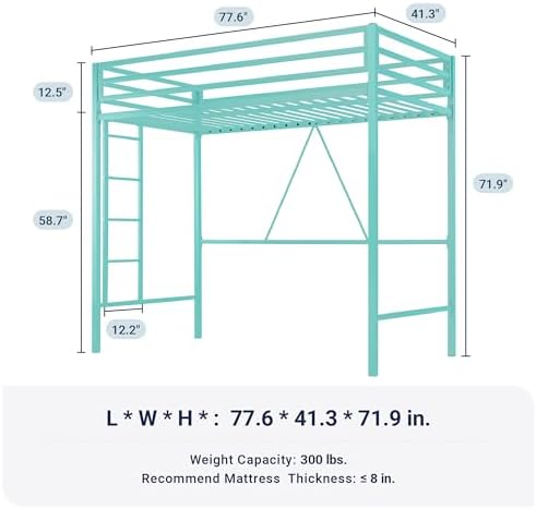 Allewie Metal Loft Bed Twin Size with Guardrail and Ladder,Green