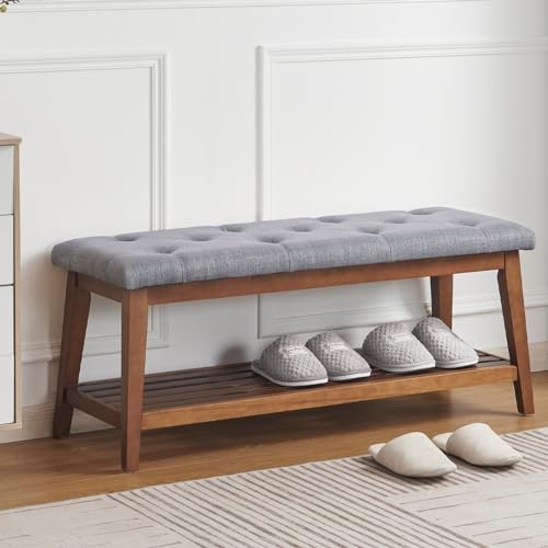 kinmars Entryway Bench with Shoe Rack, 42.5" Bedroom Bench, grey