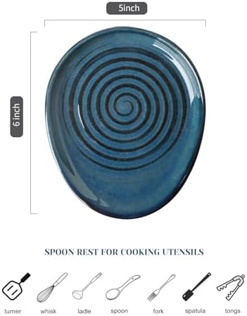 Ceramic Spoon Rest for Stove Top, Spoon Holder for Kitchen Counter, Farmhouse Cooking Utensil Holder for Spoons, Ladles, Spatula, Glazed Blue