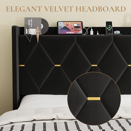 SHA CERLIN King Size Bed Frame with Storage Headboard & Charging Station
