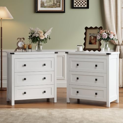 Farmhouse Nightstands Set of 2, Bedside Table with Drawers, White