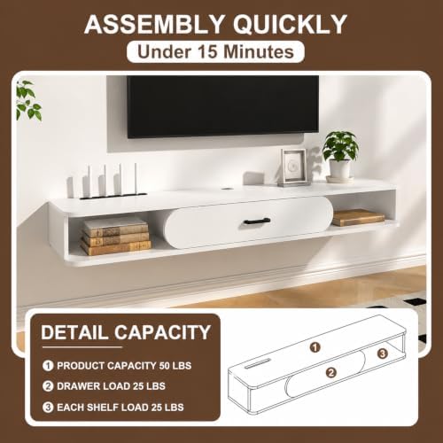 GHC Floating TV Stand, 55'' Wall Mounted TV Cabinet, Floating Shelves with Door, Media Console for DVD Player, Space-Saving Under TV Shelf for Bedroom & Living Room (White)