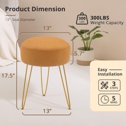 LUE BONA Vanity Stool, Mustard Yellow Vanity Stools for Makeup Room, Round Ottoman Foot Stool, Suede Footrest Vanity Chair for Bathroom Vanity, Bedroom, Living Room, Entryway, Offices