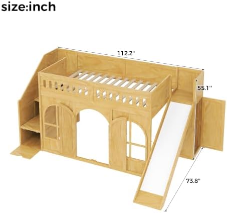 LUMISOL Twin Size Wood Loft Bed with Slide and Storage Staircase, Solid Wood Playhouse Loft Bed with Wardrobe and Window, Natural