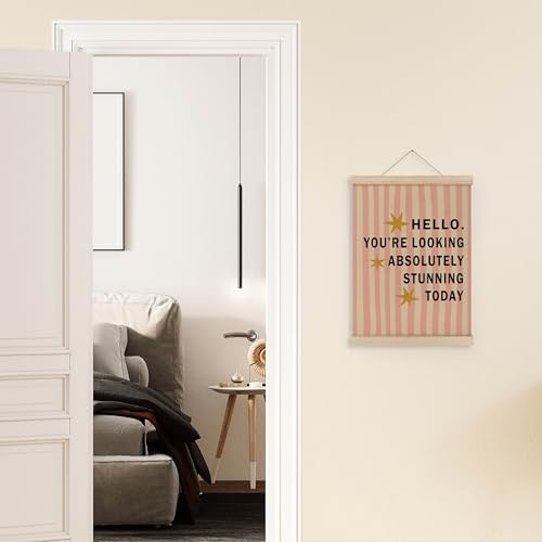 MAQIKA Inspirational Girl Nursery Poster Framed with Wood Hanger, Girls Room Hanging Wall Decor, Retro Pink Striped Motivational Canvas Wall Art Paints for Kids Girls Room Bedroom, 12x16 Inch