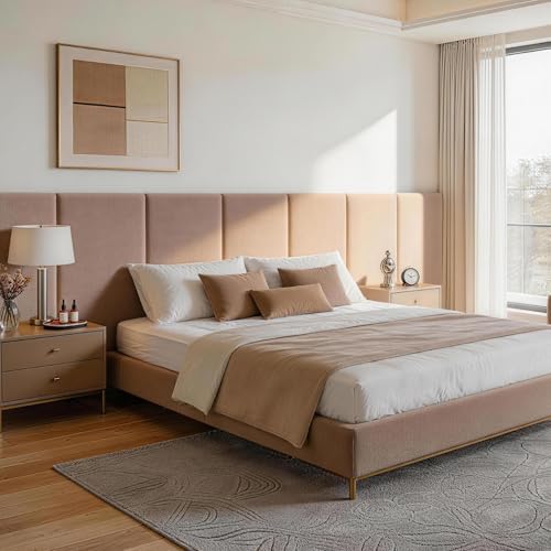 Fromann Upholstered Wall Mounted Headboard for Queen/TXL/King Size Beds, Peel and Stick Headboard 23.6" x 11.8"/PC, Interior Wall Panels for Bedroom Study, Headboards Only (6, Light Brown)
