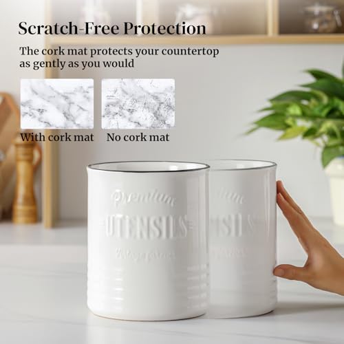 DOWAN 7.2" Large Ceramic Utensil Holder for Kitchen Counter, Beige, Devider