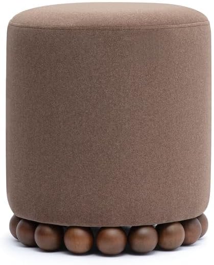 First of a Kind Brown Performance Vegan Mohair Ottoman, Plush Upholstered Accent Stool and Footrest with Foam-Padded Top and Solid Wood Orb Legs