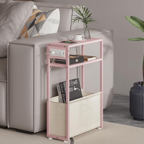 Leomonio Narrow Side Table, Slim Night Stand with Magazine Rack