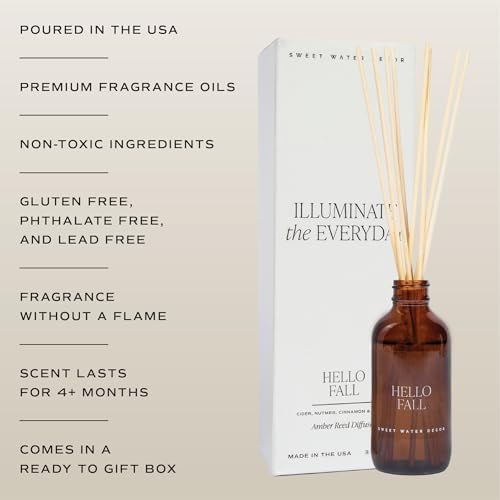 Sweet Water Decor Hello Fall Reed Diffuser Set - Hot Cider, Cinnamon, Cloves, Apple, and Nutmeg Fall Scented Diffuser - Scent Diffusers for Home, Fall Home Decor Long Lasting Fragrance Made in the USA