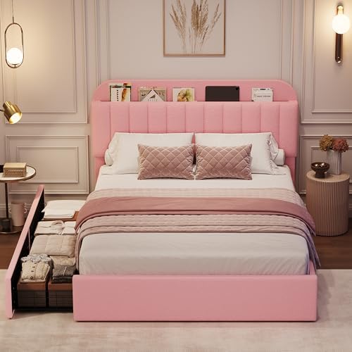 GarveeHome Queen Bed Frame, Platform Bed with Storage Headboard & Drawers