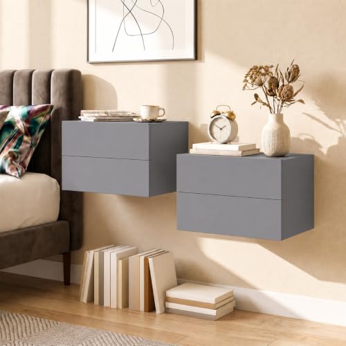 GIANTEX Floating Nightstand Set of 2, Wall-Mounted Table with 2 Drawers