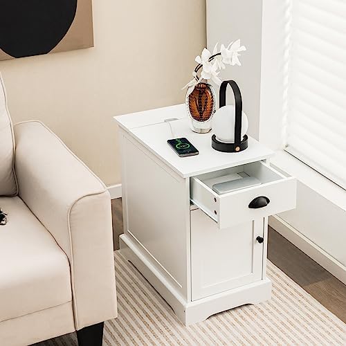 GIANTEX Nightstand with Charging Station Set of 2, Flip Top End Table w/USB Ports & Outlets, Side Table w/Storage Drawer, Magazine Rack, Adjustable Shelf, Narrow Bedside Tables for Small Space, White