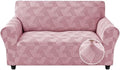 JIVINER 1 Piece Couch Cover for 2 Cushion Couch, High Stretch Loveseat Covers with Elastic Bottom, Washable Sofa Slipcovers for Dog, Pets Feature Geometrical Jacquard Fabric (Loveseat, Pink)