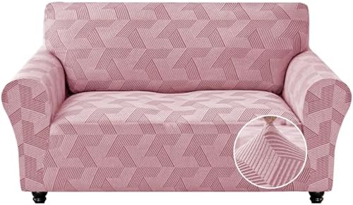 JIVINER 1 Piece Couch Cover for 2 Cushion Couch, High Stretch Loveseat Covers with Elastic Bottom, Washable Sofa Slipcovers for Dog, Pets Feature Geometrical Jacquard Fabric (Loveseat, Pink)