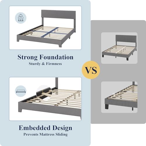 Allewie Full Size Upholstered Bed Frame Adjustable Headboard, Light Grey