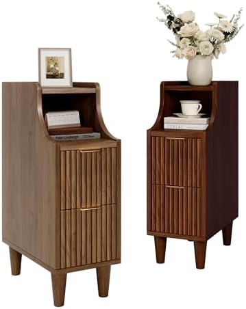 Fluted Nightstands Set of 2,Narrow Bedside Table with 2 Drawers & Storage, Farmhouse Walnut End Table Modern Side Table for Bedroom Livingroom Sofa Office