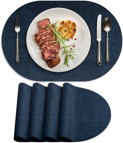 Faux Leather Oval Placemats Set of 4, Dark Blue