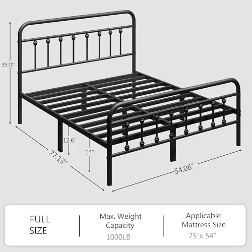 zunatu Full Size Metal Bed Frame, Victorian Style Headboard and Footboard