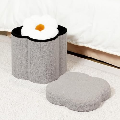 B FSOBEIIALEO Storage Ottoman Cube, 12.6" Flower Shaped Ottomans, Grey