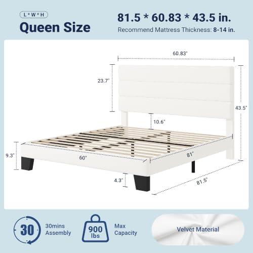 Allewie Queen Size Platform Bed Frame with Velvet Upholstered Headboard