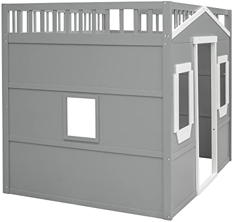 Bellemave Full Size Loft Bed with Play House Shape, Loft Bed Frame with Windows, Entertainment Space and Ladders for Kids, Boys, Girls and Teens, No Spring Needed (Gray+White)