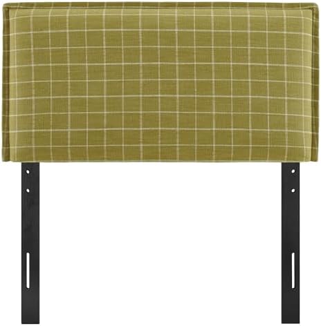Modway Camille Twin Size Checkered Linen Blend Plaid Headboard with Removable Slipcover – in Artichoke Windowpane Check - Padded Pillow Style Headboard with Adjustable Mounting for Twin Beds