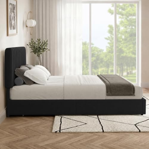 VECELO Full Size Upholstered Bed Frame with 4 Drawers and Headboard, Velvet Platform Storage Bedframe, Wooden Slats Support, No Box Spring Needed,Black