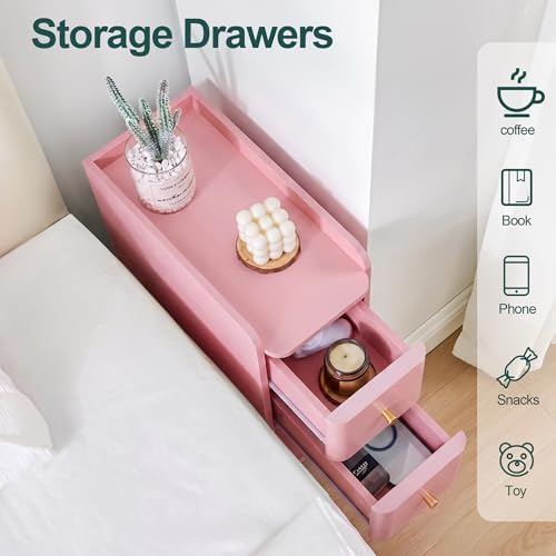 FurSch Narrow Nightstand, Wooden 2 Drawer, Slim Side End Table, Pink, 1 pc