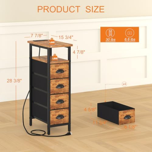 sthmec Side Table with Charging Station, Narrow End Table with 4 Drawers, LED Nightstands with Fabric Drawers,Slim Sofa Couch Side Tables for Small Spaces,Living Room,Bedroom,Rustics Brown