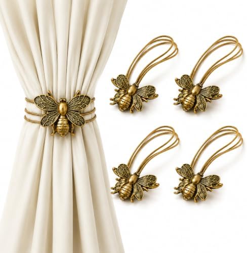 Magnetic Curtain Tiebacks Set of 4, Antique Bronze Flying Bee Design