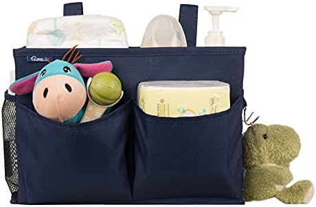 Surblue Bedside Caddy Hanging Organizer Storage Bag Pocket for Bunk, Hospital, College Dorm Rooms, Baby Bed Rails, Camp - 4 Pockets, 2 Hooks (Blue)