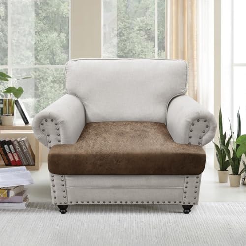 T Cushion Chair Cover Leather-Look 1PC Stretch Chair Seat Slipcover for Living Room Individual Armchair Couch Cover Seat Covers with Elastic Bands, Pet-Friendly, Non-Slip - Light Brown